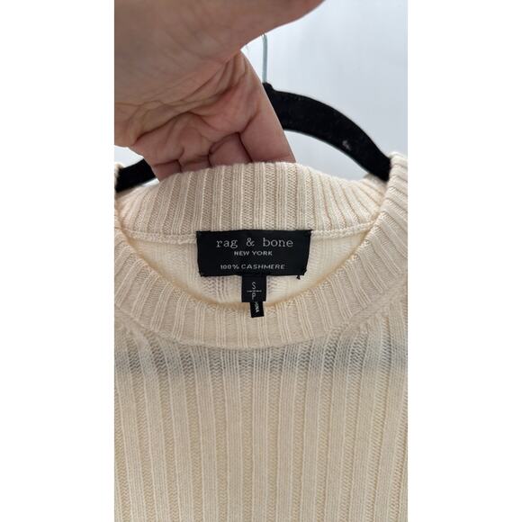 Rag & Bone Sweater Size S Ivory Cashmere Rib Knit Pullover Satin Shoulders hi lo - Picture 8 of 8